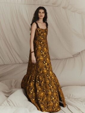 Lela Rose Sunflower Jacquard Flounce Hem Gown